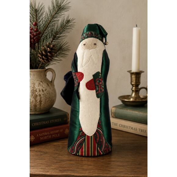 Handmade Other - Vintage Folk Art Fabric Santa Claus Figure Green Satin Robe Christmas 13”